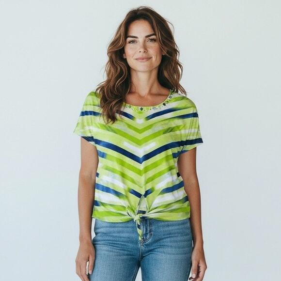hearts of palm Tops - Hearts of Palm Small Green Embellished Chevron Striped Tie Front Tropical Shirt
